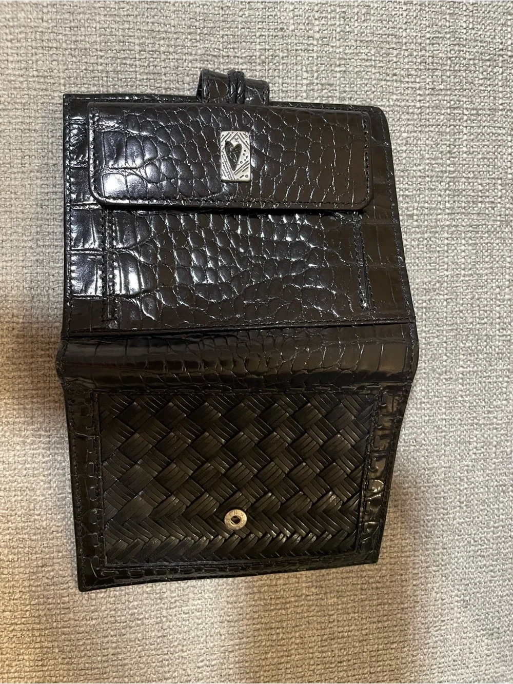 Brighton Black Woven Leather Bifold Wallet with Silver Heart Accent
